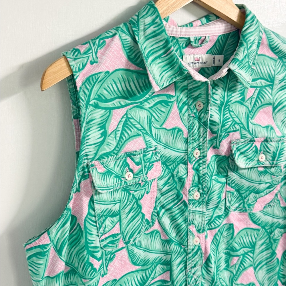 Vineyard Vines Palm Print Shirt Dress Size 14 Pink Green Sleeveless - Picture 10 of 16